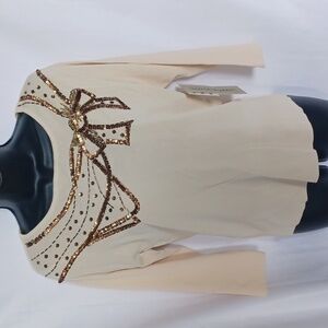 Lucia Burns Cream & gold 3/4 sleeve embellished knit top size M